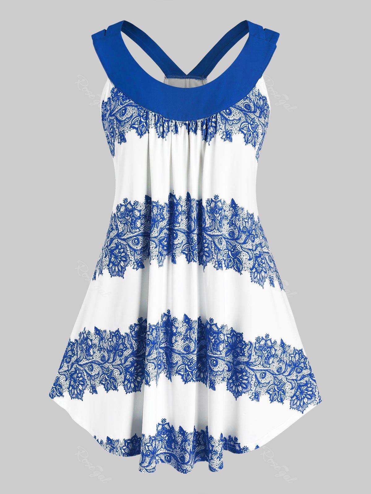 

Plus Size Lace Print Tent Tank Top, Cobalt blue