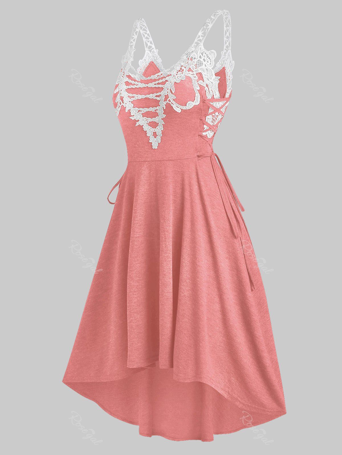 

Sleeveless Lace Insert Lace-up High Low Dress, Pink