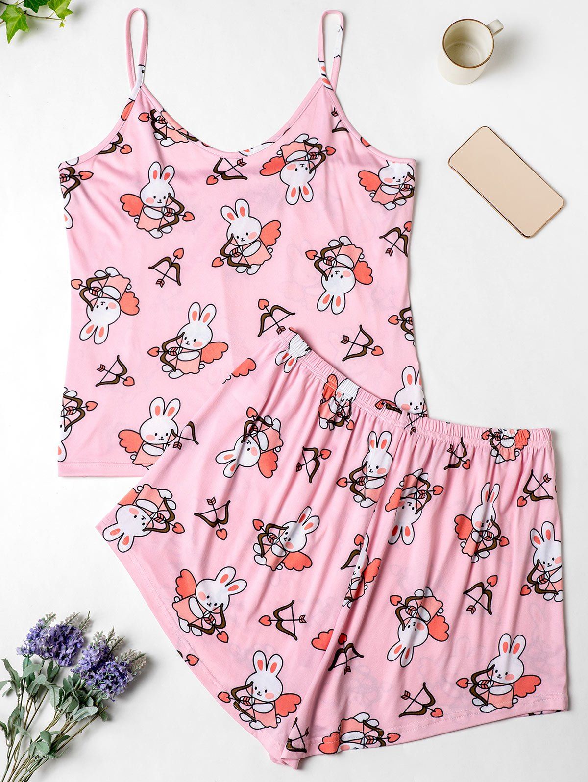 

Plus Size Rabbit Print Short Pajama Set, Light pink