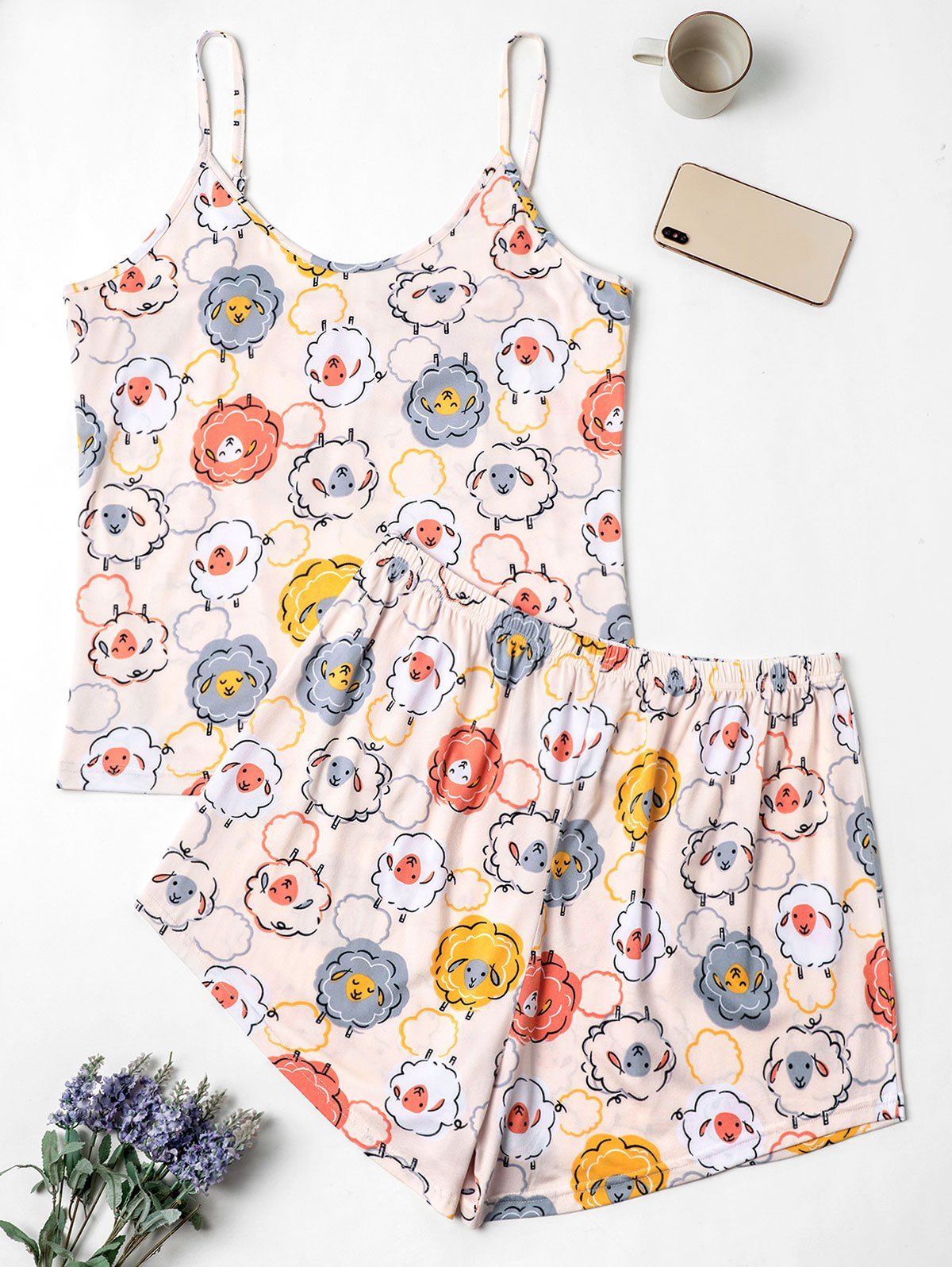 

Plus Size Cartoon Sheep Print Short Pajama Set, Light pink
