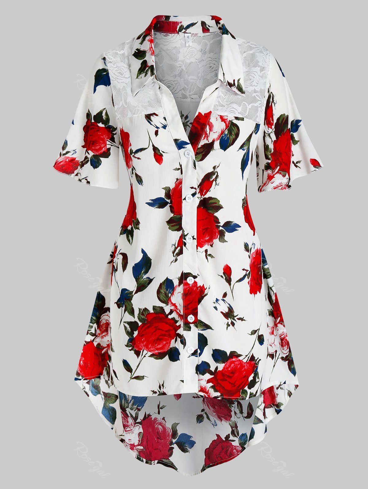 

Plus Size Floral Print Lace Panel Dovetail Blouse, Warm white