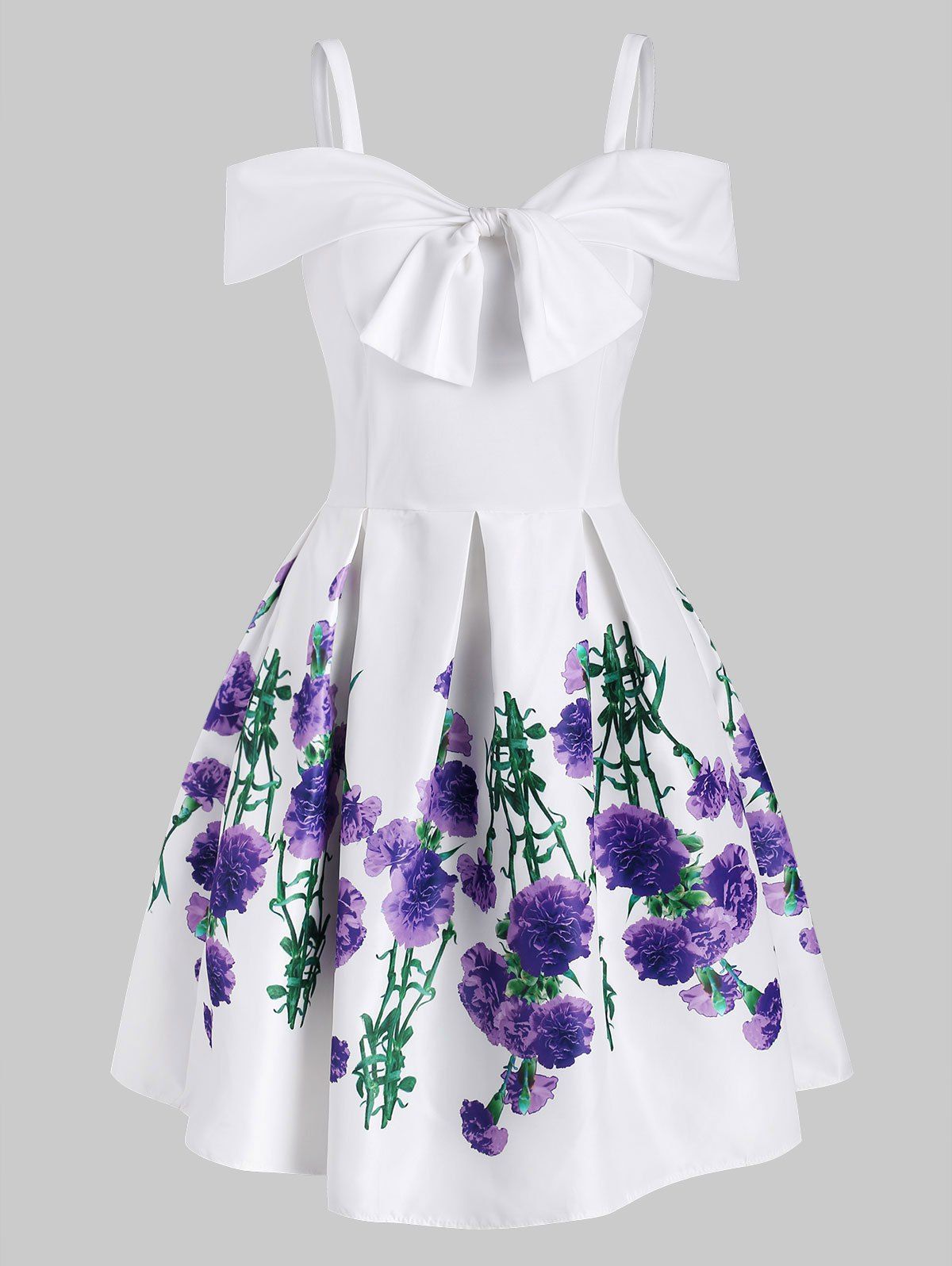 

Floral Print Foldover Bowknot Cold Shoulder Dress, White