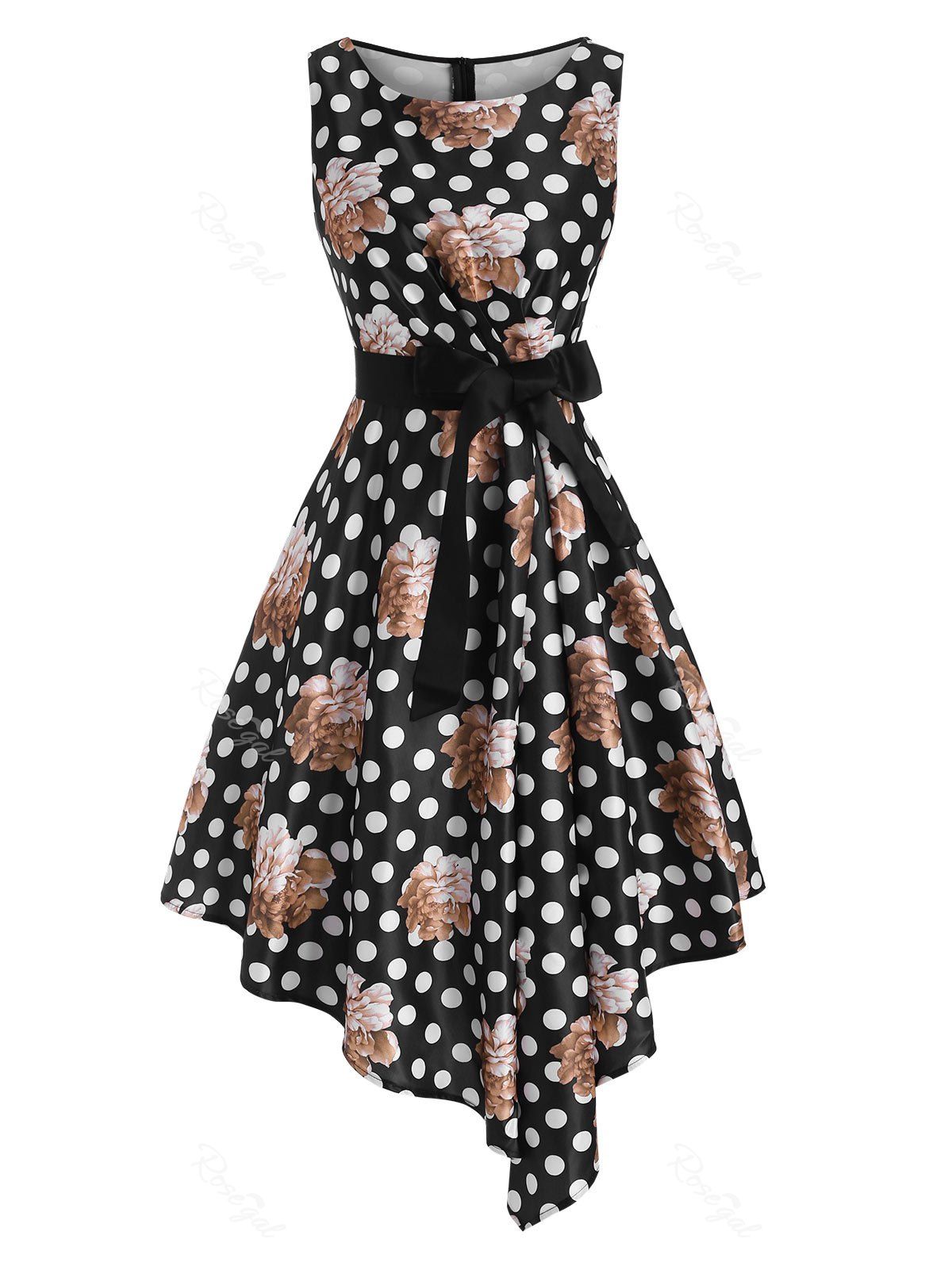 

Floral Print Pleated Waist Belted Asymmetrical Dress, Black