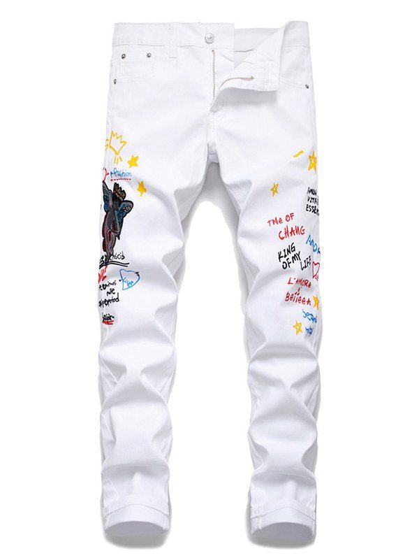 

Angel Embroidery Letter Grafitti Denim Pencil Pants, White