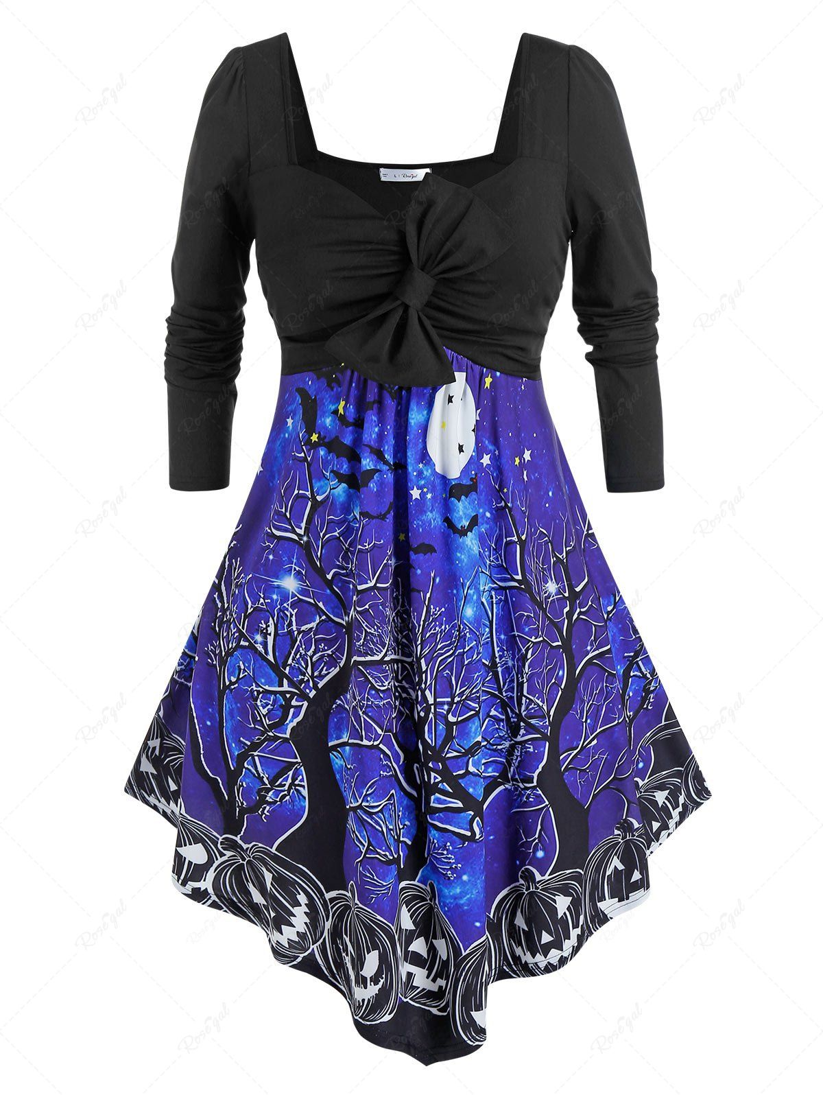 Outfit Plus Size Halloween Bowknot Pumpkin Branch Pattern Asymmetrical Dress  
