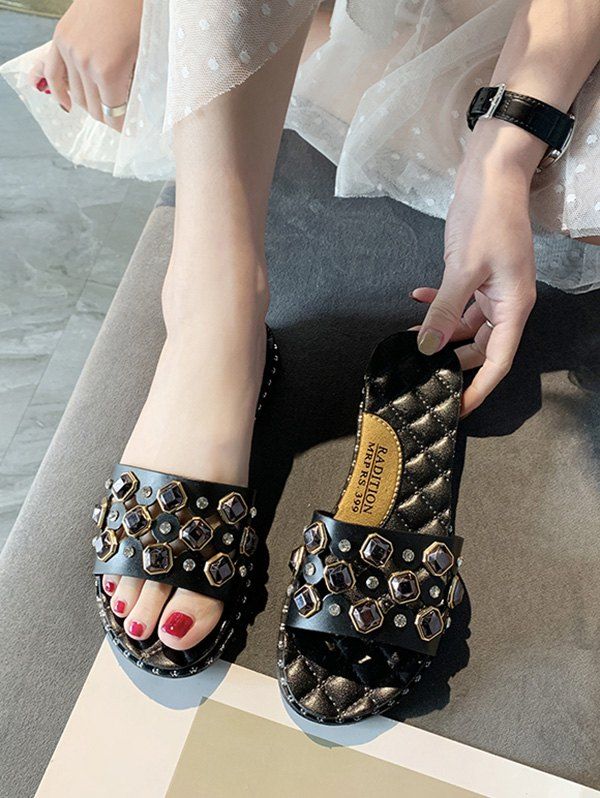 

Cut Out Rhinestone Quilted Flat Slides, Black