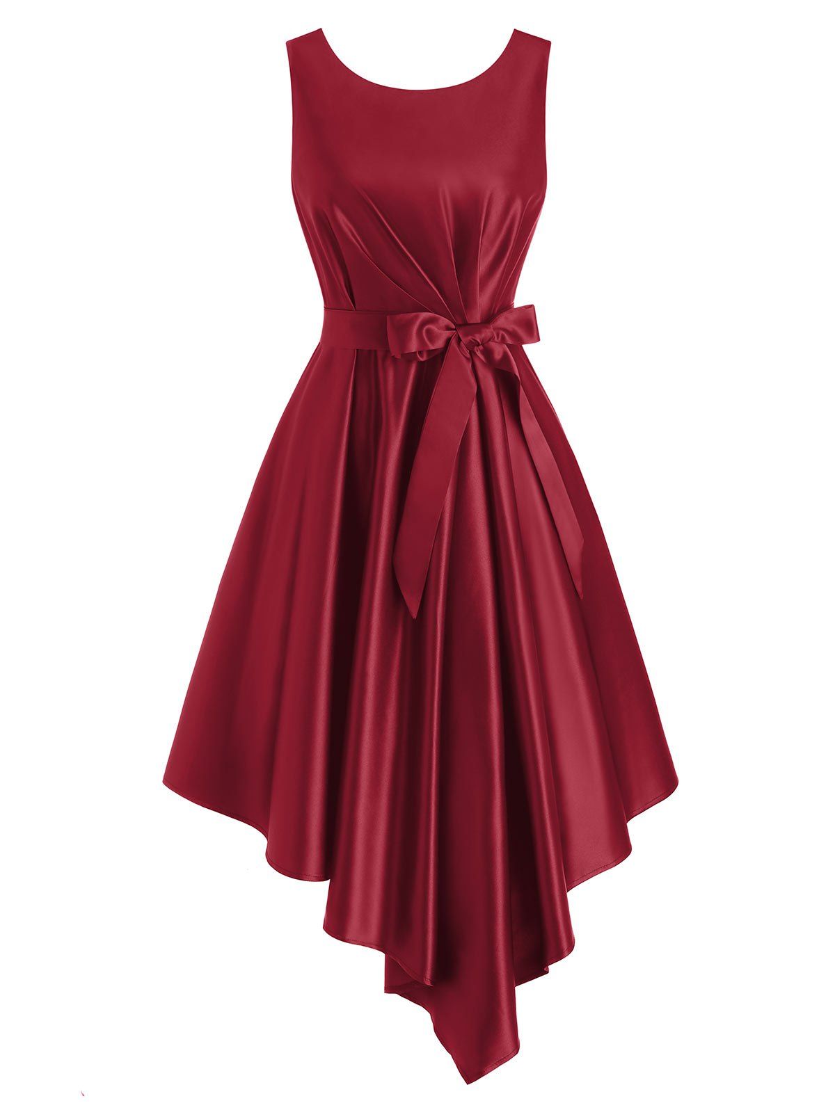 

Pleated Waisted Belted Sleeveless Asymmetrical Dress, Red
