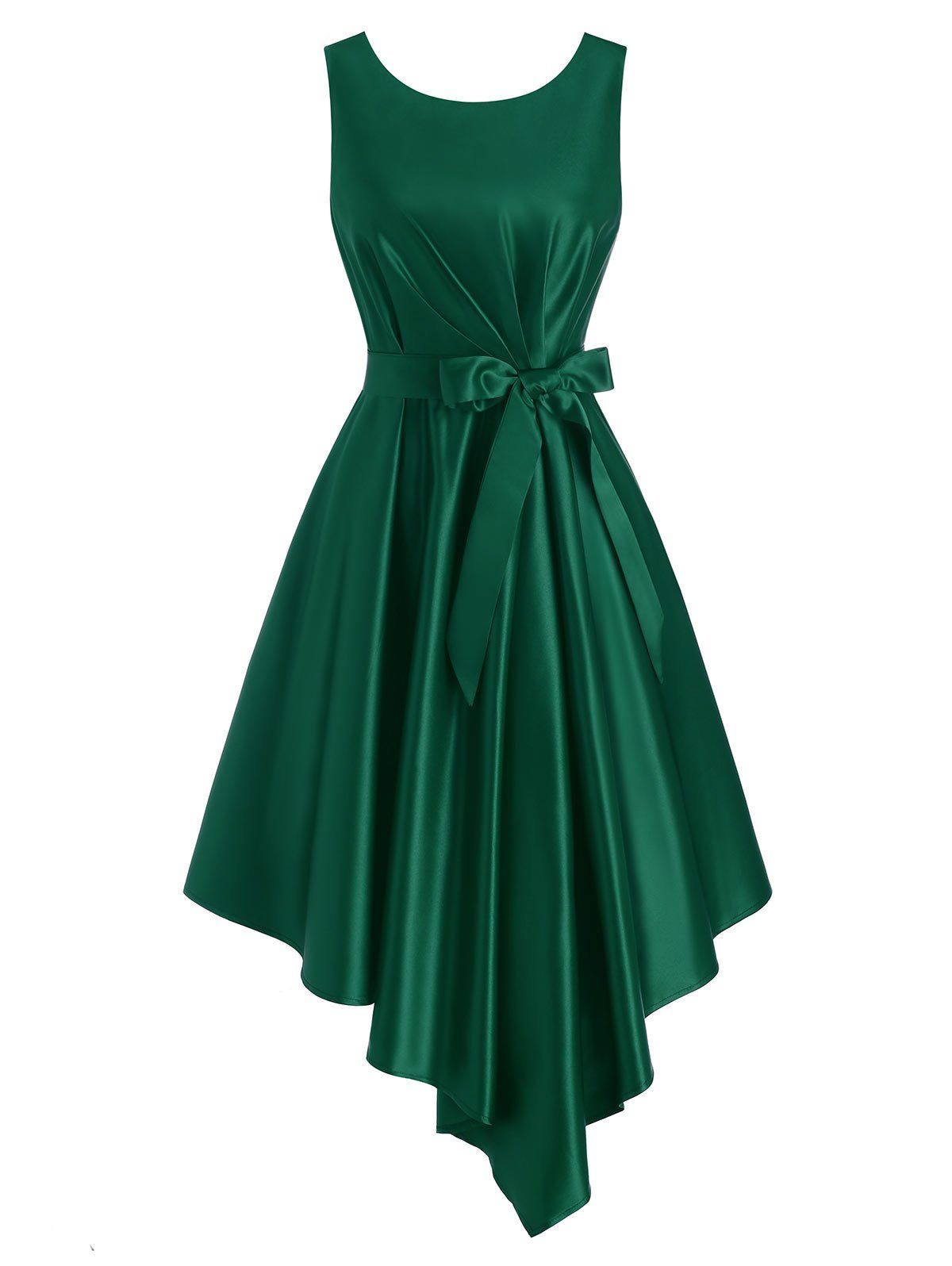 

Pleated Waisted Belted Sleeveless Asymmetrical Dress, Deep green