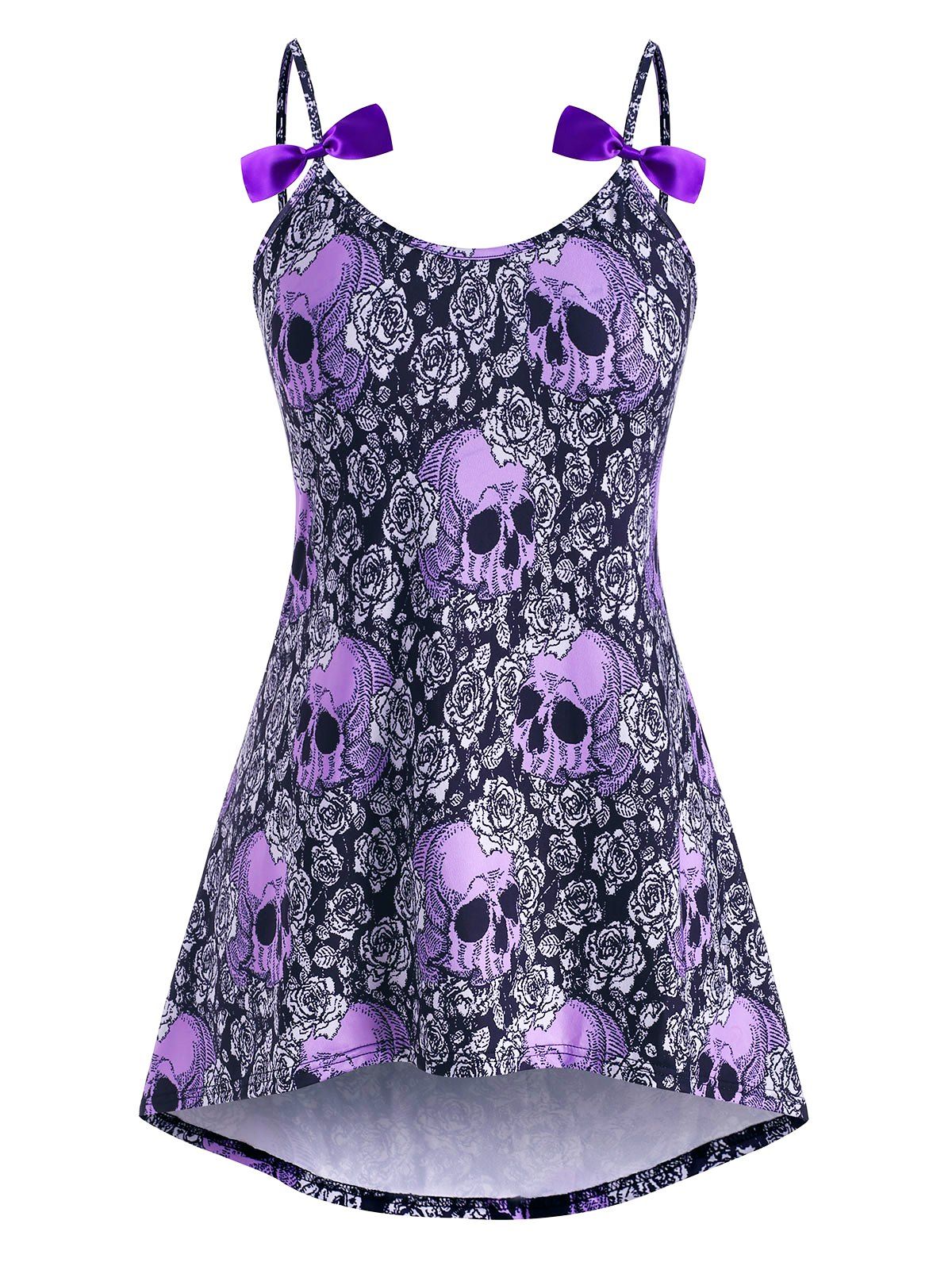 

High Low Bowknot Skull Rose Halloween Plus Size Cami Top, Purple
