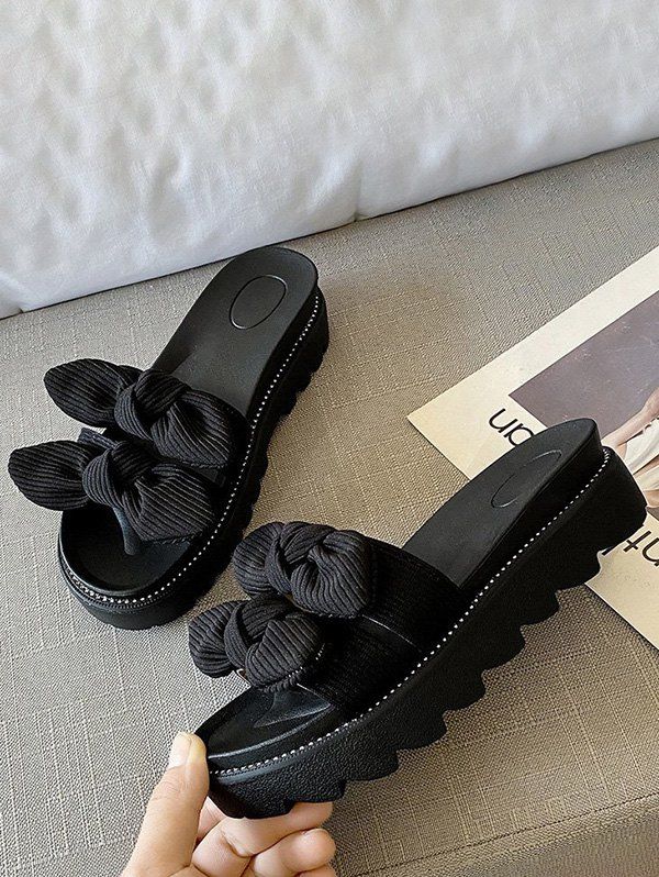 

Platform Double Bowknot Slides Sandals, Black