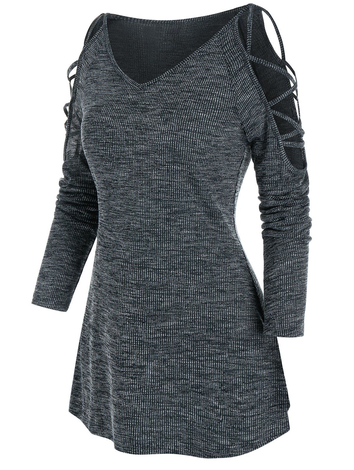 

Cold Shoulder Criss-cross Heathered Ribbed T-shirt, Gray