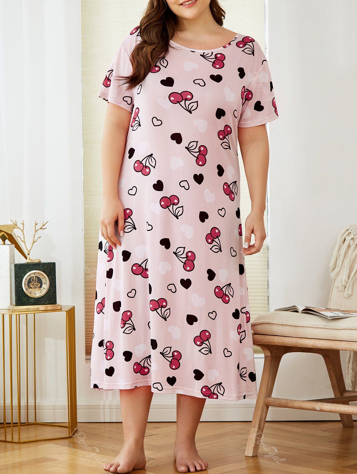 

Plus Size Cherry Heart Print Nightdress, Light pink