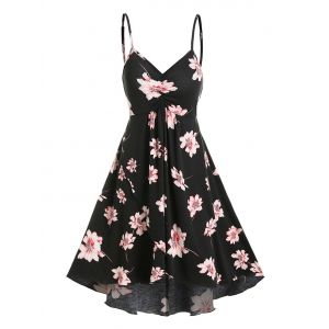 

Floral Print Ruched Cami A Line Dress, Black