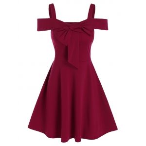 

Cold Shoulder Bowknot Detail Vintage Mini Dress, Red wine