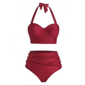 

Pure Color Halter Crisscross Bustier Tankini Swimwear, Deep red