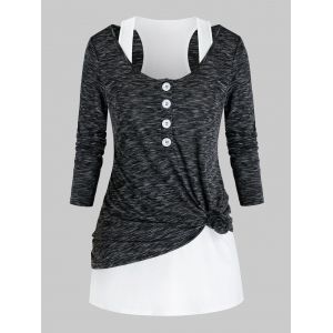 

Plus Size Space Dye Placket Knot T-shirt and Racerback Tank Top Set, Black