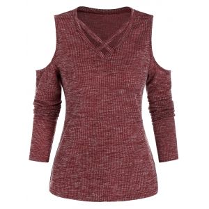 

Cold Shoulder Ribbed Criss-cross Heathered T-shirt, Red wine