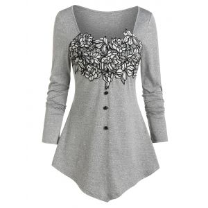 

Pointed Hem Flower Lace Panel T-shirt, Light gray