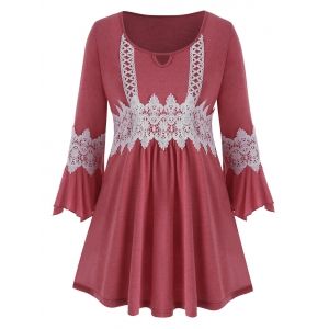 

Plus Size Bell Sleeve Contrast Lace Tee, Red