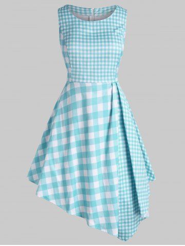 Plus Size Plaid Asymmetrical Dress - LIGHT BLUE - XL