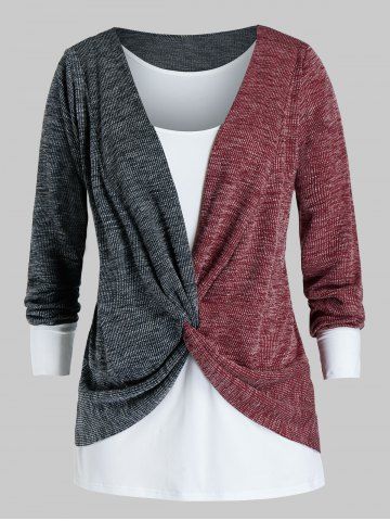 Plus Size Twisted Two Tone Bicolor Sweater and Tank Top Set