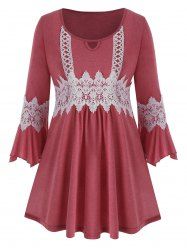 Plus Size Bell Sleeve Contrast Lace Tee -  