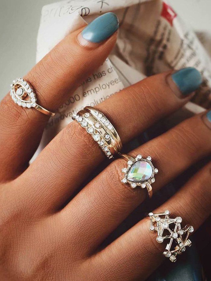 

4Pcs Eye Teardrop Rhinestone Hollow Ring Set, Golden
