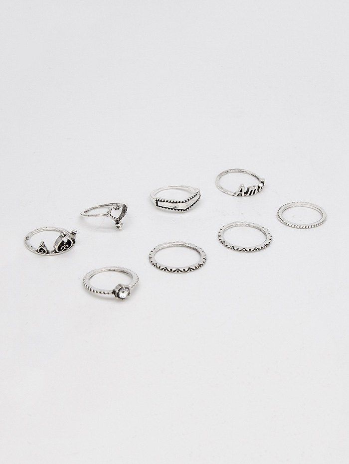 

8Pcs Heart Letter Hollow Out Ring Set, Silver