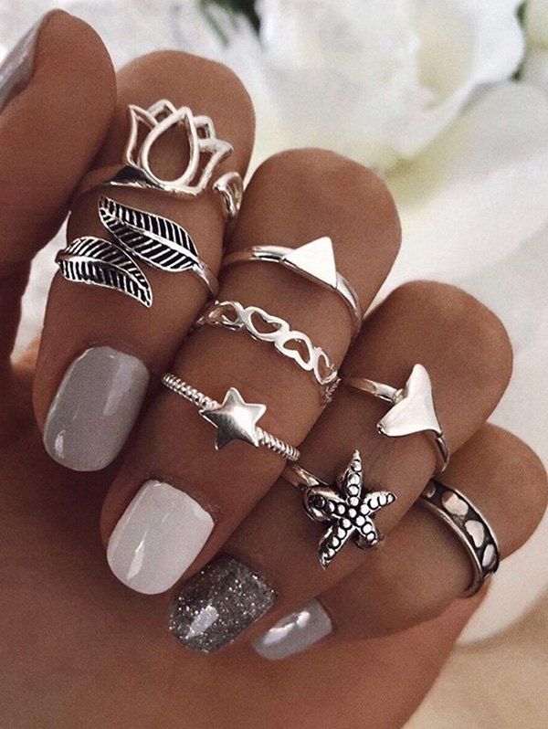 

8Pcs Heart Flower Leaf Star Ring Set, Silver