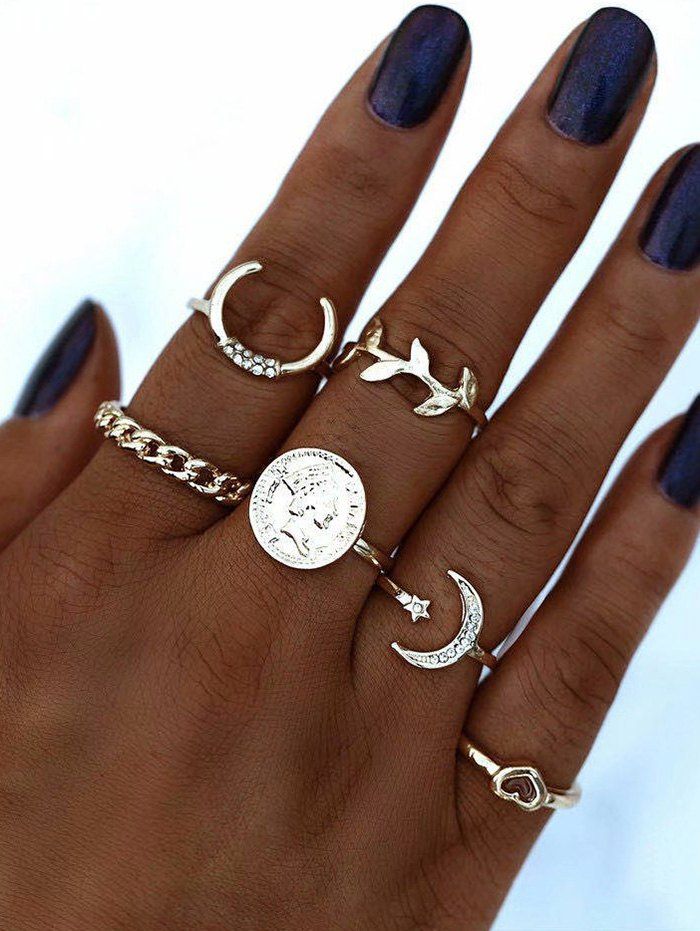

Moon Star Leaf Shape Rings Set, Golden