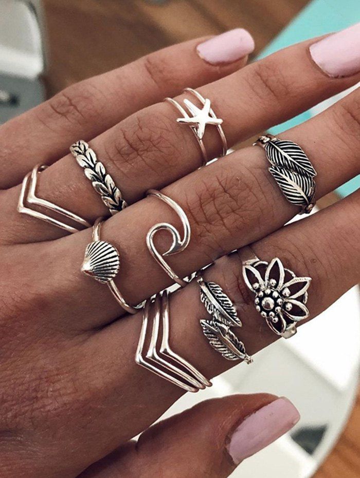 

Leaf Shell Starfish Shape Rings Set, Silver