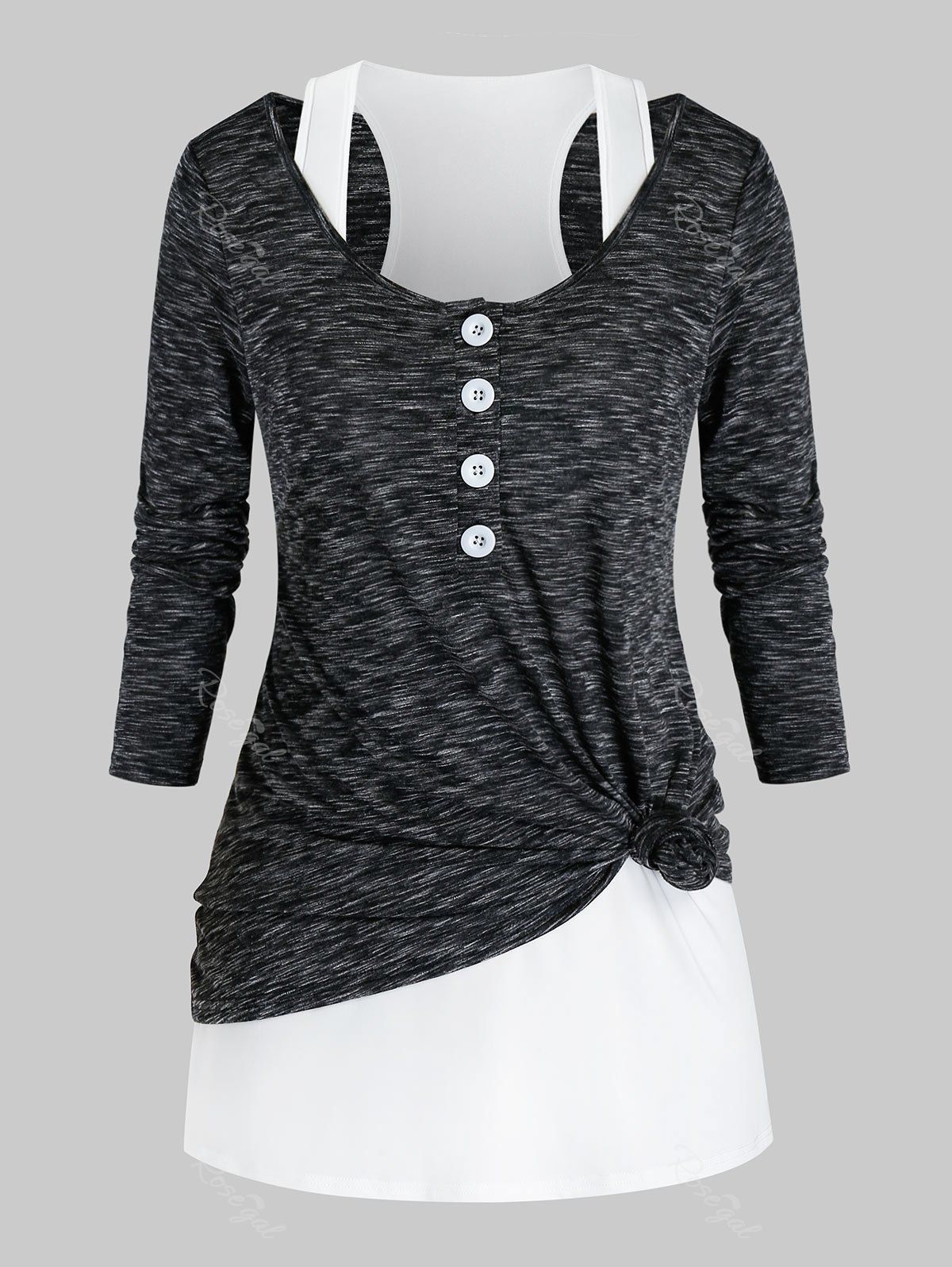 

Plus Size Space Dye Placket Knot T-shirt and Racerback Tank Top Set, Black