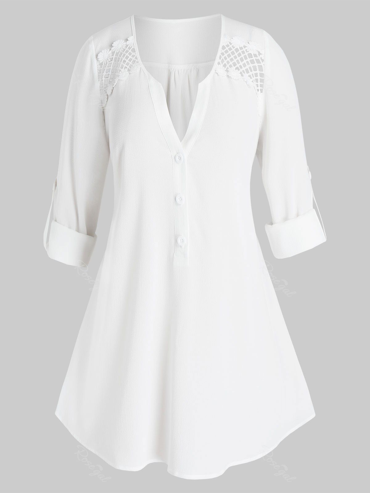 

Plus Size V Notch Button Tab Sleeve Openwork Panel Curved Blouse, White