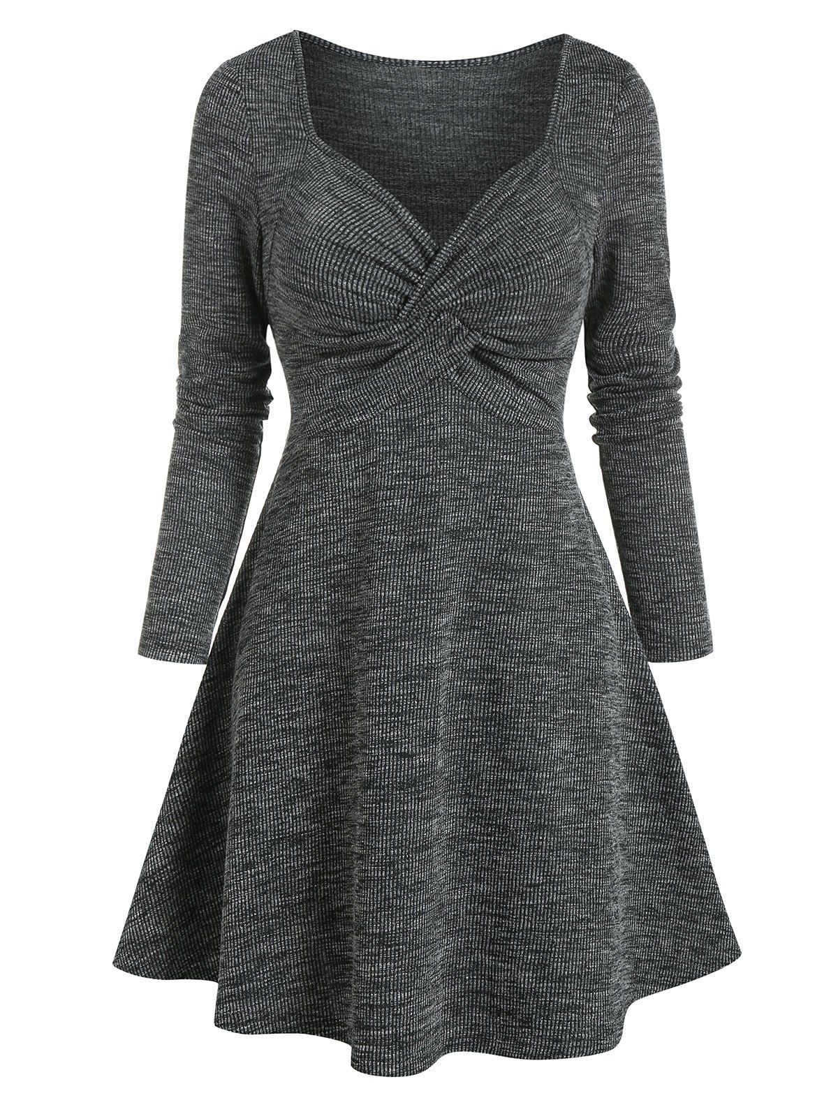 Long Sleeve Twist Front Heathered Ribbed Dress купить. 