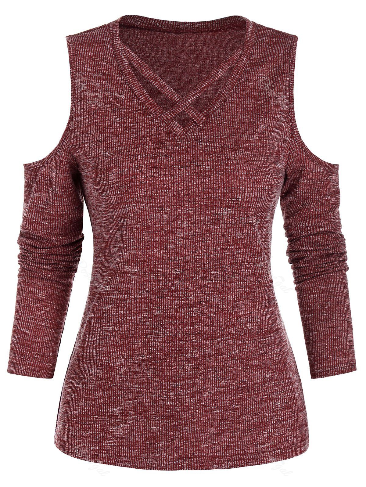 

Cold Shoulder Ribbed Criss-cross Heathered T-shirt, Red wine