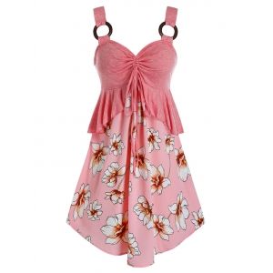 

Plus Size Flower Cinched Tie Flounce Peplum Tunic Tank Top, Pink