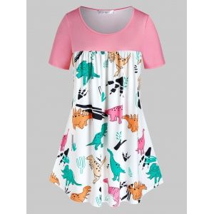 

Plus Size Colorful Dinosaur Pattern Curved Tunic Tee, White