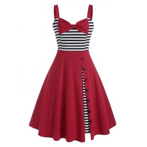 

Bowknot Striped Panel Buttoned 1950s Dress, Deep red