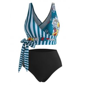 

Striped Panel Floral Side Boning Knot Surplice Tankini Swimwear, Blue
