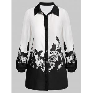 

Shirt Collar Butterfly Print Tunic Blouse, Black