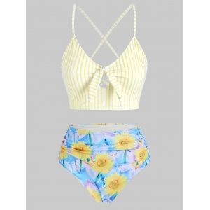 

Knot Striped Sunflower Crisscross Lace-up Reversible Tankini Swimwear, Yellow