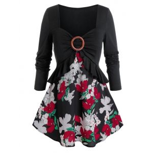 

Plus Size Flower Pattern Peplum Flounce Sweetheart Neck Tee, Black