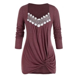 

Plus Size Hollow Embroidery Knot Top, Red wine