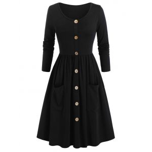 

Plus Size Mock Button Pocket A Line Long Sleeve Dress, Black