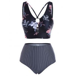 

Floral Ring Strappy Striped Tankini Swimwear, Black