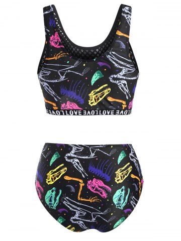 

Fishnet Panel Dinosaur Skeleton Print Moulded Tankini Swimwear, Black