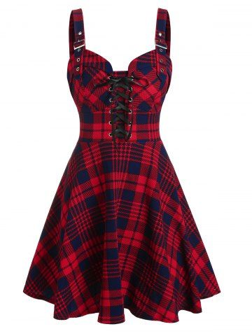 Plaid Print Lace-up Front Buckle Strap Dress