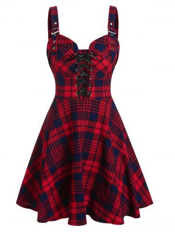 Plaid Print Lace-up Front Buckle Strap Dress - RED - 3XL