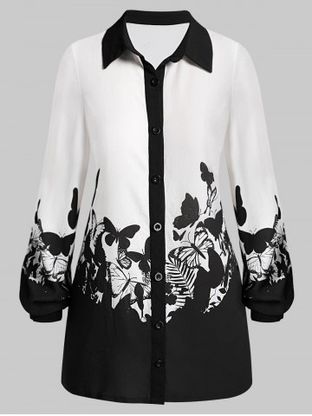 Shirt Collar Butterfly Print Tunic Blouse