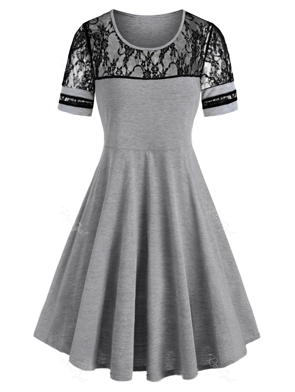 

Plus Size Lace Panel Fit and Flare Dress, Light gray